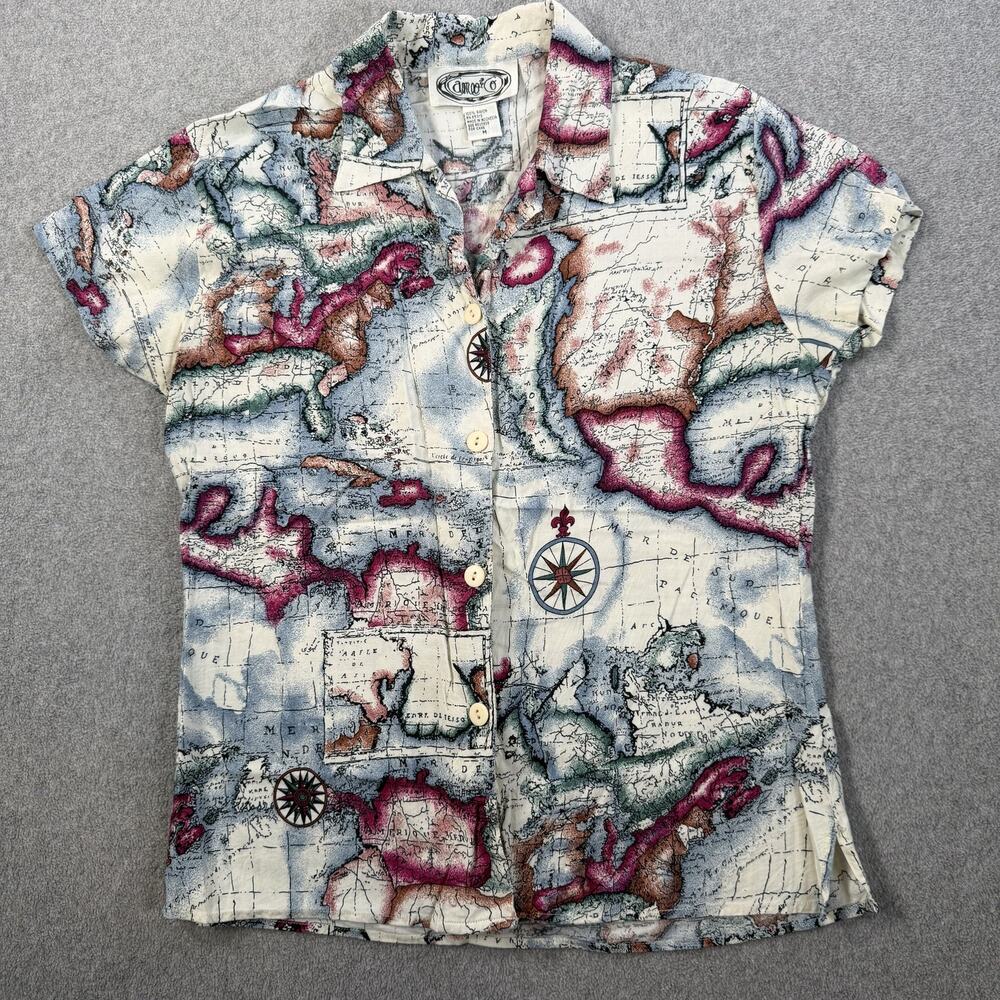 Vintage Cameo & Co Women's Medium World Map Print Button Up Short Sleeve Shirt